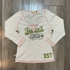 Y2K Disney Tokyo Tigers‎ V Neck Long Sleeve T Shirt Top Glitter Pink Stitch S